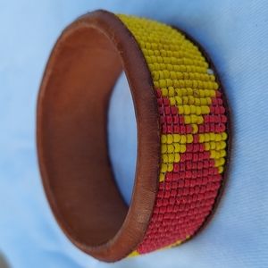 Vintage Estate Native American Red & Yellow Beaded Leather Bangle Bracelet
